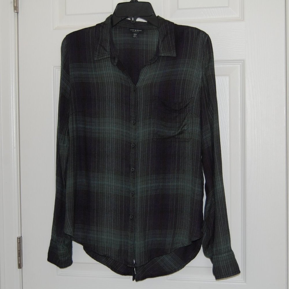 Lucky Brand Viscose Shirt, Size M, Green Plaid, with Shirttail Button Back Hem - Picture 4 of 9